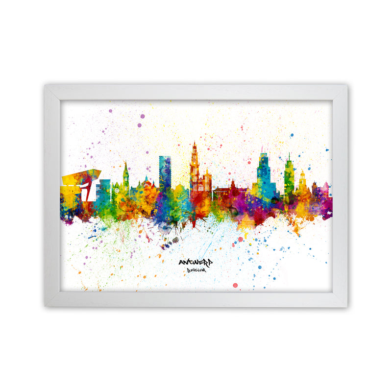 Antwerp Belgium Skyline Splash Art Print by Michael Tompsett White Grain