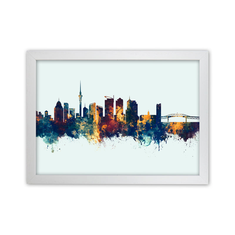 Auckland New Zealand Skyline Blue Orange Art Print by Michael Tompsett White Grain