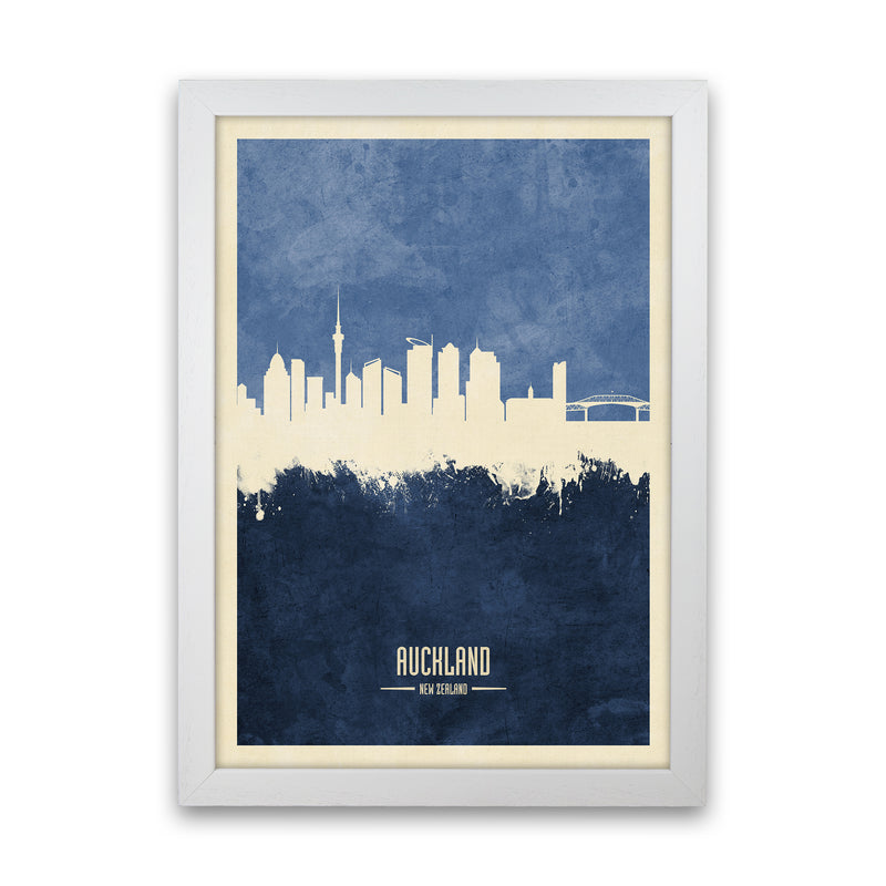 Auckland New Zealand Skyline Portrait Navy Art Print by Michael Tompsett White Grain