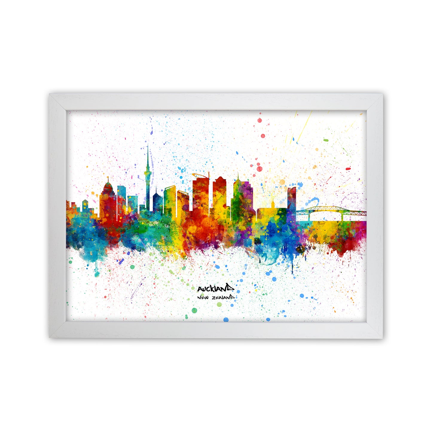 Auckland New Zealand Skyline Splash Art Print by Michael Tompsett White Grain