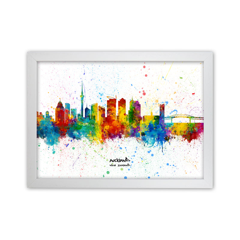 Auckland New Zealand Skyline Splash Art Print by Michael Tompsett White Grain