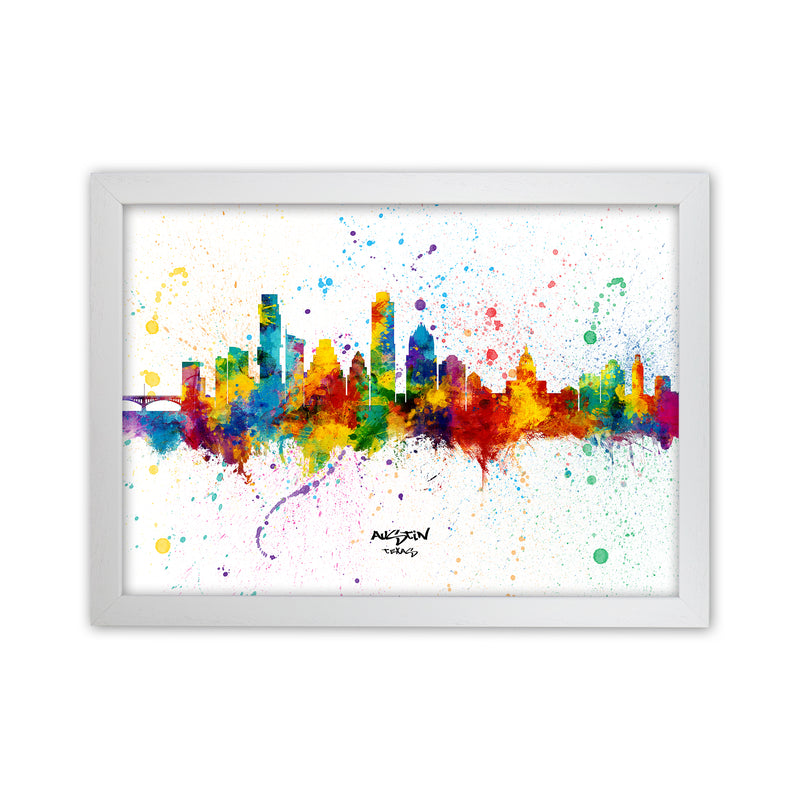 Austin Texas Skyline Splash Art Print by Michael Tompsett White Grain