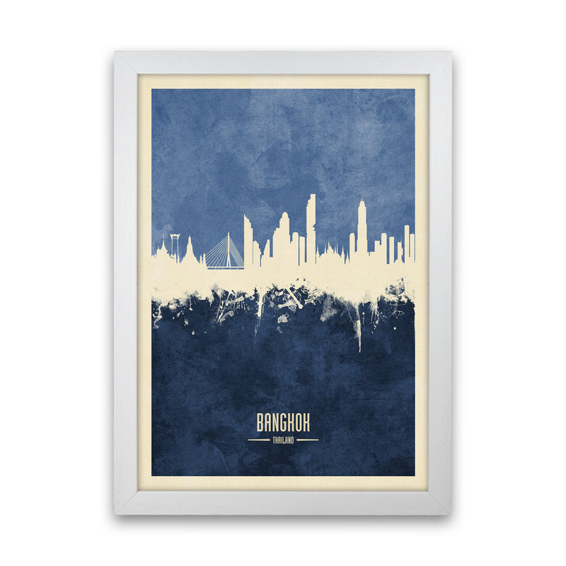 Bangkok Thailand Skyline Portrait Navy Art Print by Michael Tompsett White Grain