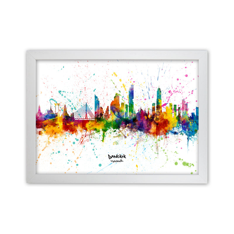 Bangkok Thailand Skyline Splash Art Print by Michael Tompsett White Grain