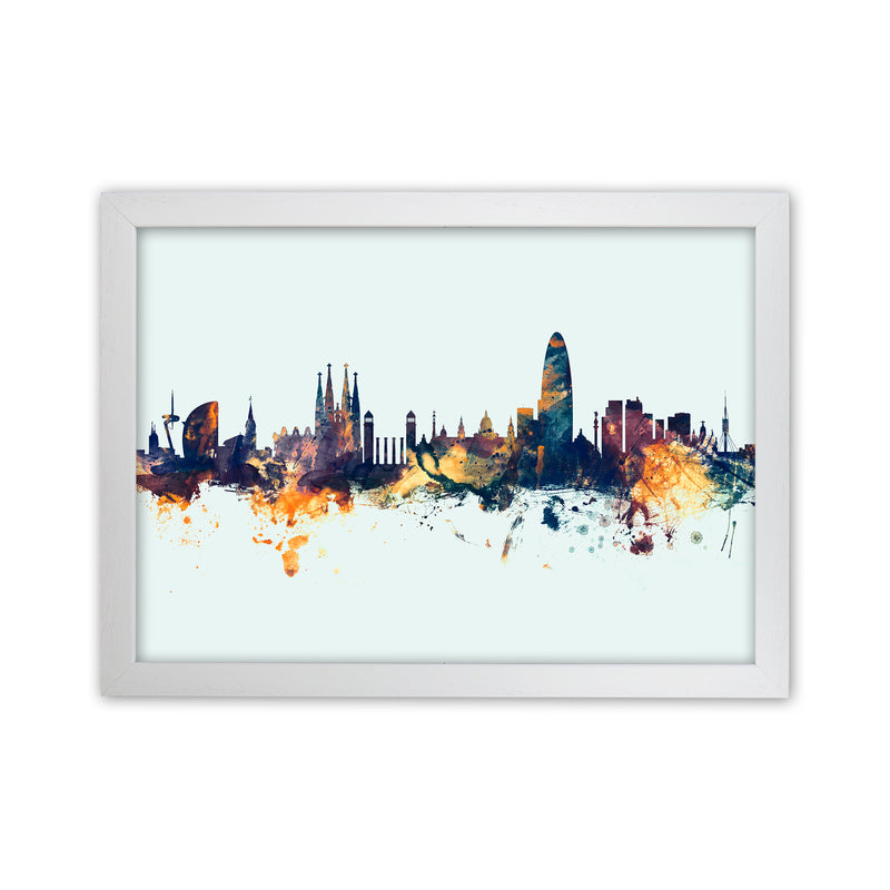 Barcelona Spain Skyline Blue Orange Art Print by Michael Tompsett White Grain