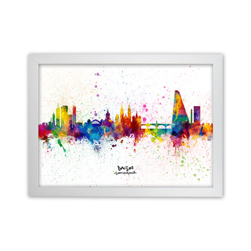 Basel Switzerland Skyline Splash Art Print by Michael Tompsett White Grain