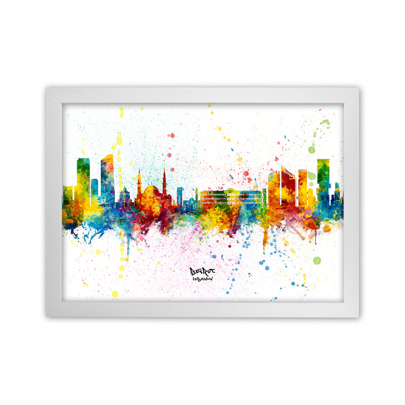 Beirut Lebanon Skyline Splash Art Print by Michael Tompsett White Grain