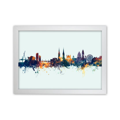 Belfast Northern Ireland Skyline Blue Orange Art Print by Michael Tompsett White Grain
