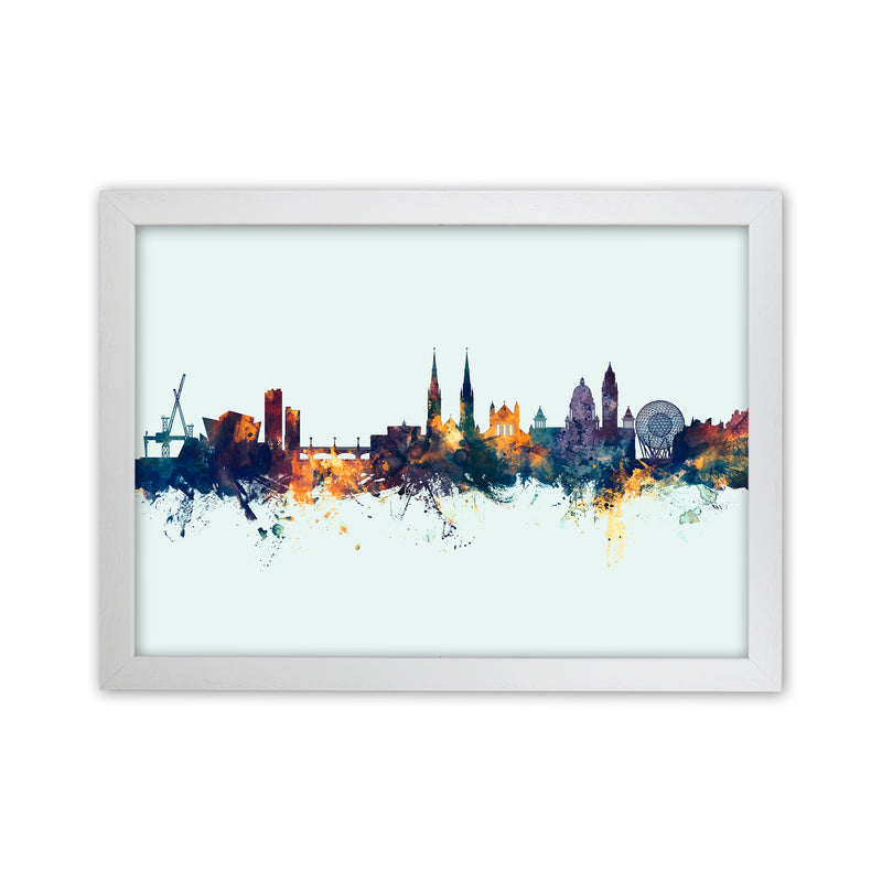 Belfast Northern Ireland Skyline Blue Orange Art Print by Michael Tompsett White Grain