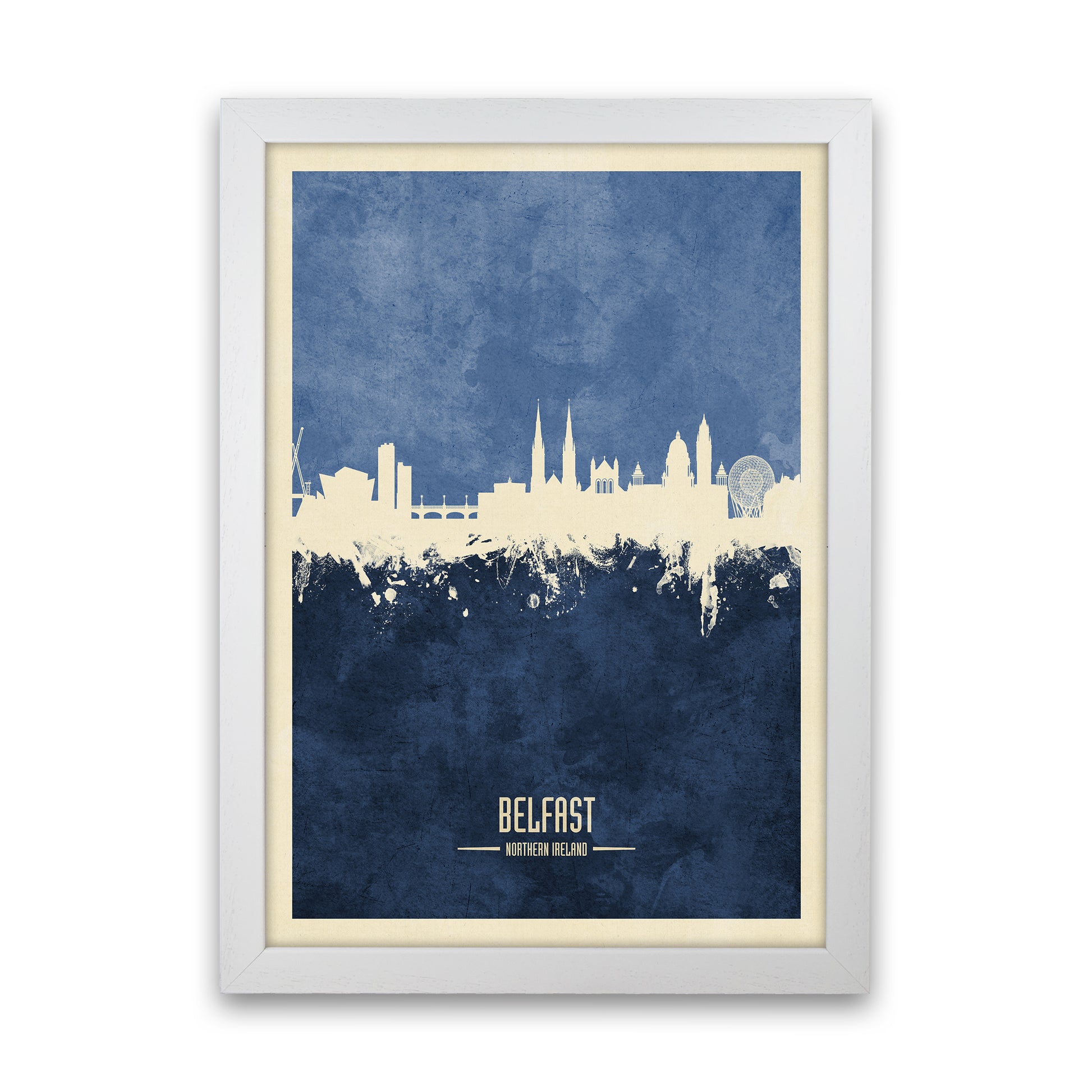 Belfast Northern Ireland Skyline Portrait Navy Art Print by Michael Tompsett White Grain