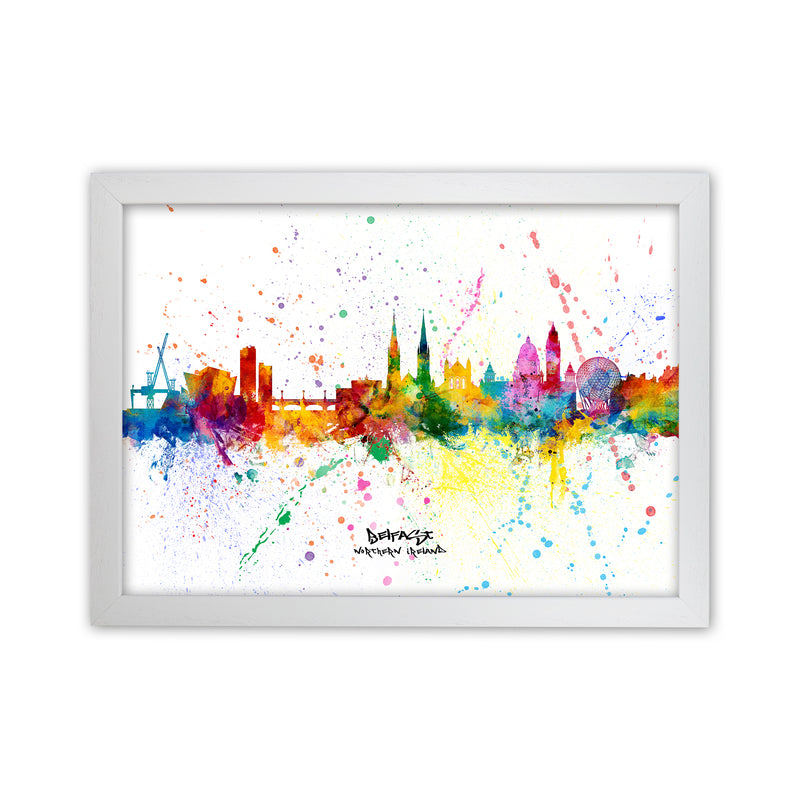 Belfast Northern Ireland Skyline Splash Art Print by Michael Tompsett White Grain