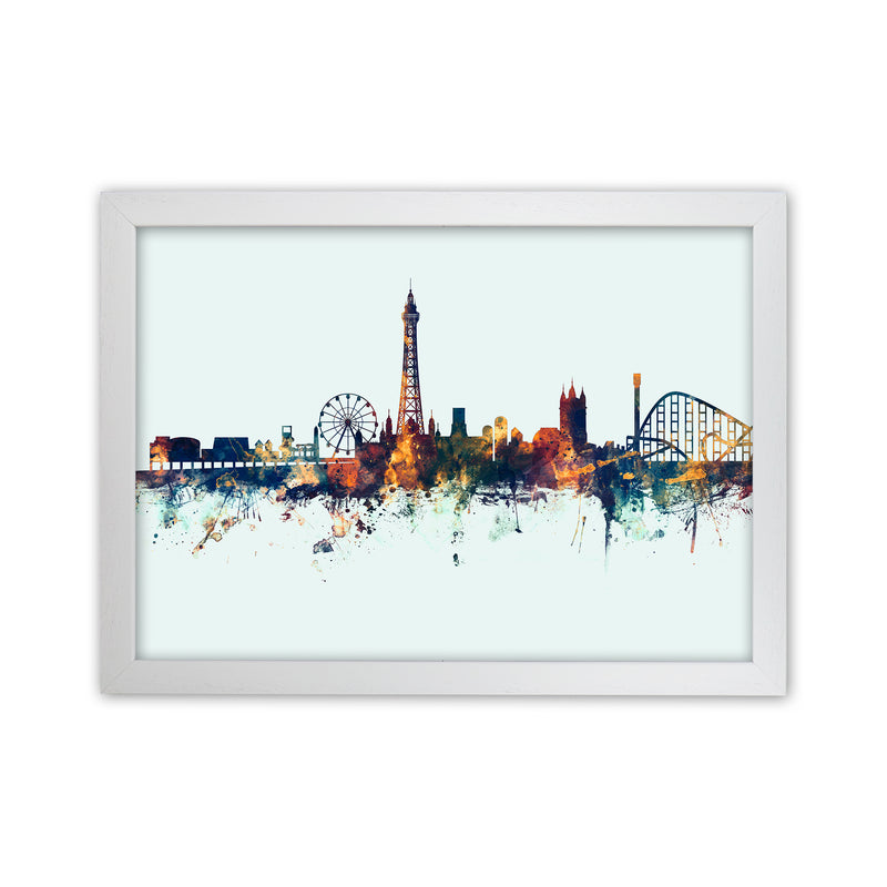 Blackpool England Skyline Blue Orange Art Print by Michael Tompsett White Grain