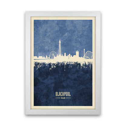 Blackpool England Skyline Portrait Navy Art Print by Michael Tompsett White Grain