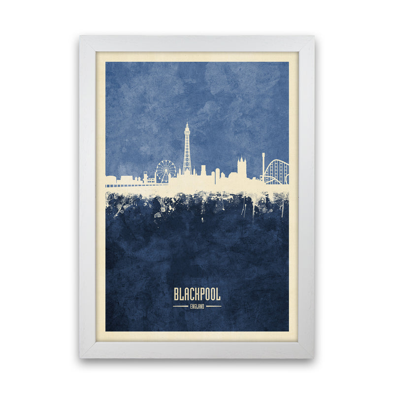 Blackpool England Skyline Portrait Navy Art Print by Michael Tompsett White Grain