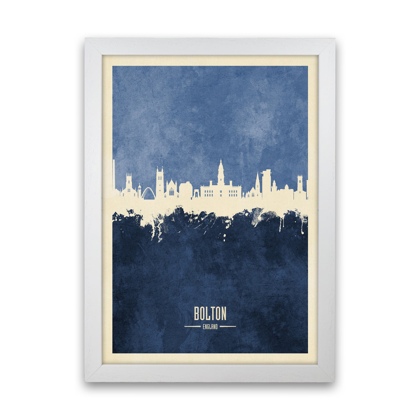 Bolton England Skyline Portrait Navy Art Print by Michael Tompsett White Grain
