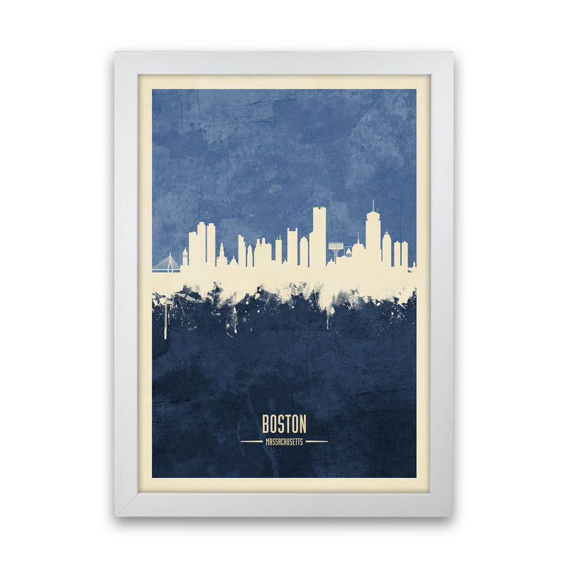 Boston Massachusetts Skyline Portrait Navy Art Print by Michael Tompsett White Grain