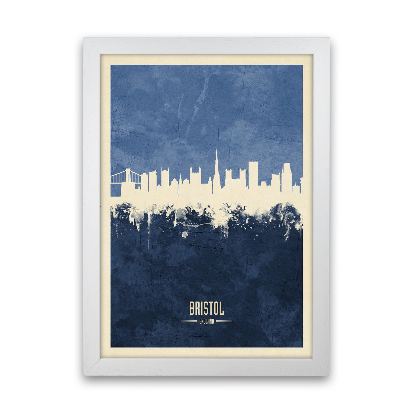 Bristol England Skyline Portrait Navy Art Print by Michael Tompsett White Grain