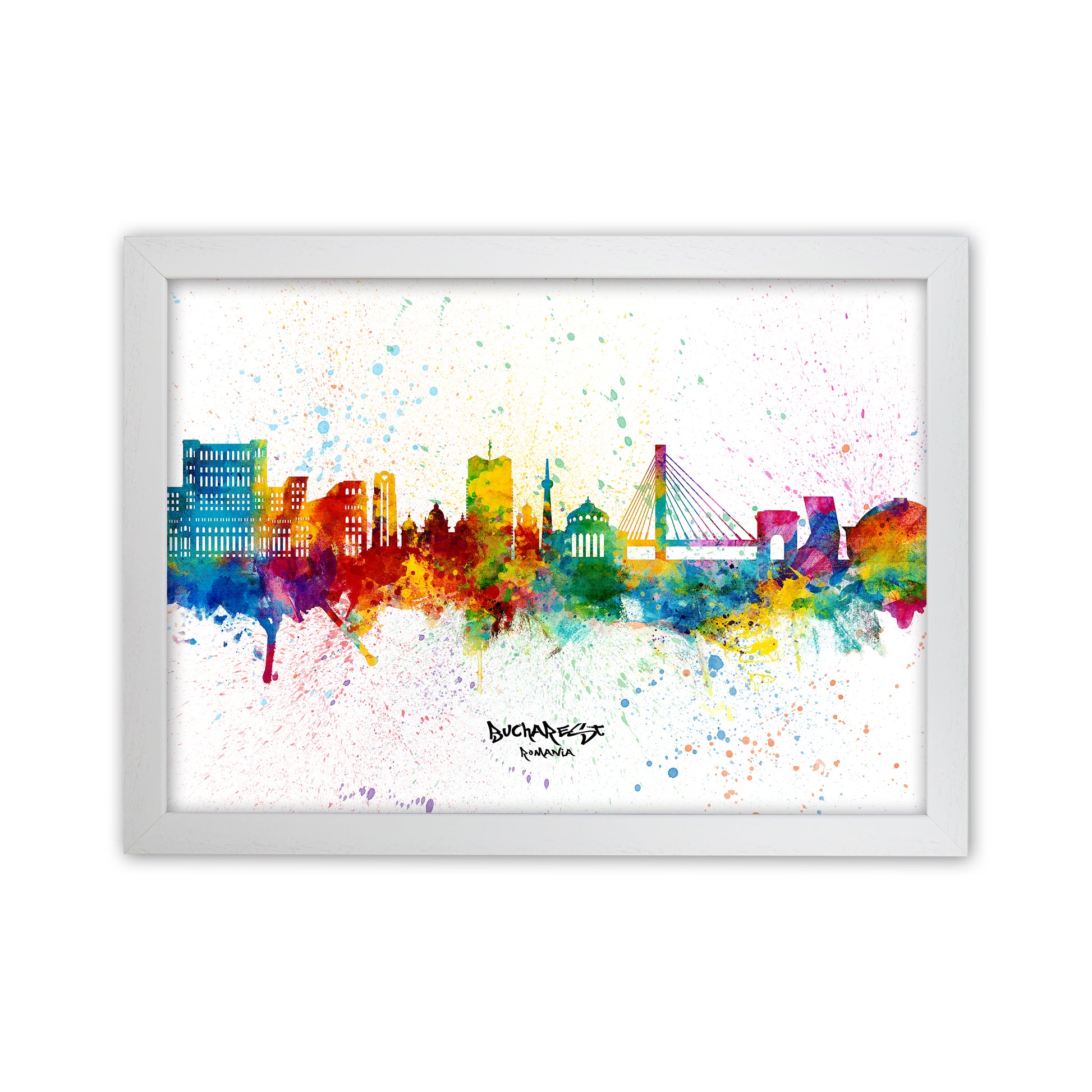 Bucharest Romania Skyline Splash Art Print by Michael Tompsett White Grain