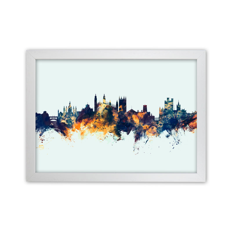 Cambridge England Skyline Blue Orange Art Print by Michael Tompsett White Grain