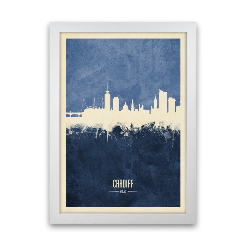 Cardiff Wales Skyline Portrait Navy Art Print by Michael Tompsett White Grain