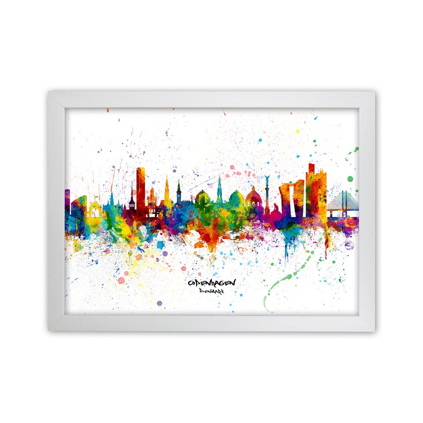 Copenhagen Denmark Skyline Splash Art Print by Michael Tompsett White Grain