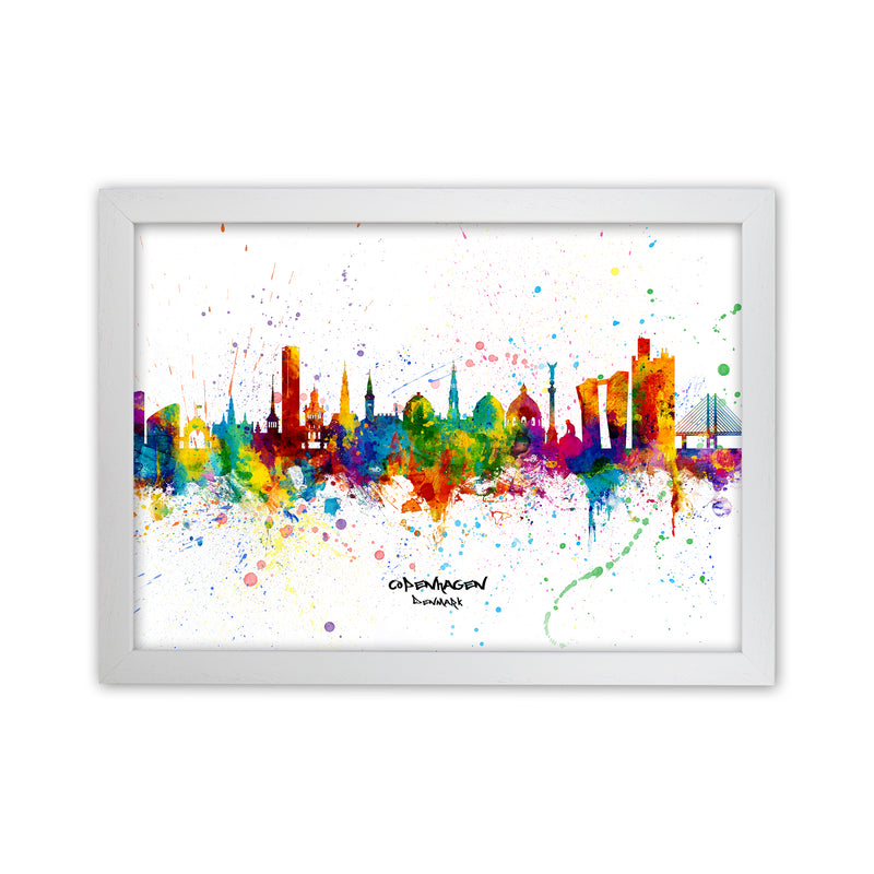 Copenhagen Denmark Skyline Splash Art Print by Michael Tompsett White Grain