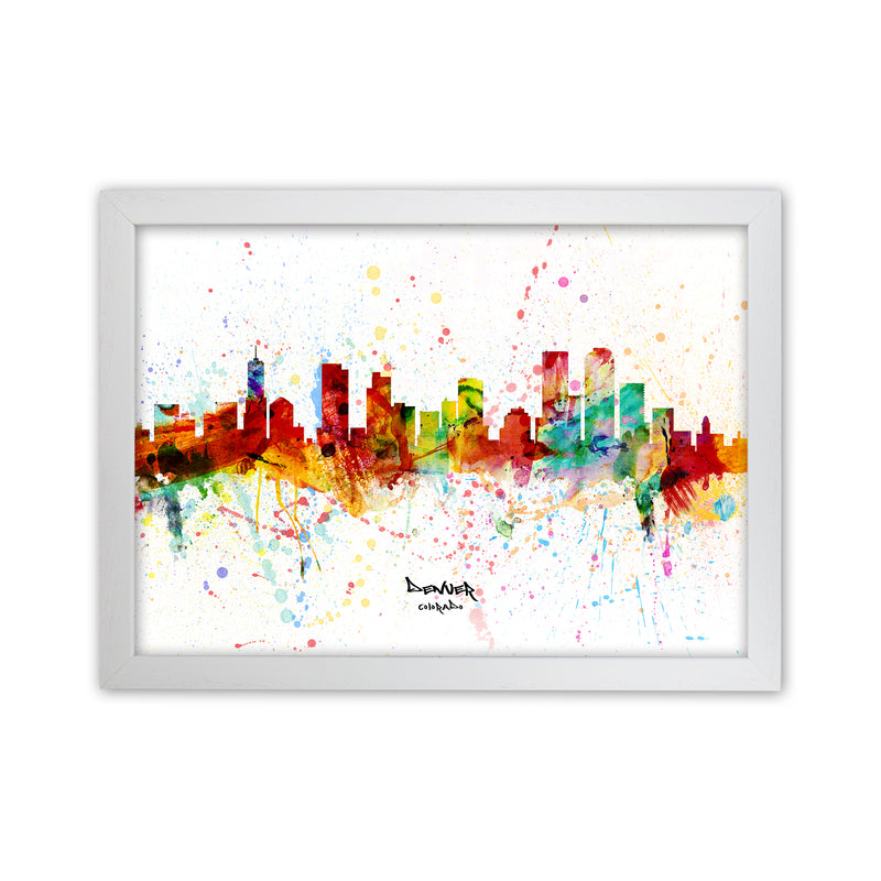 Denver Colorado Skyline Splash Art Print by Michael Tompsett White Grain