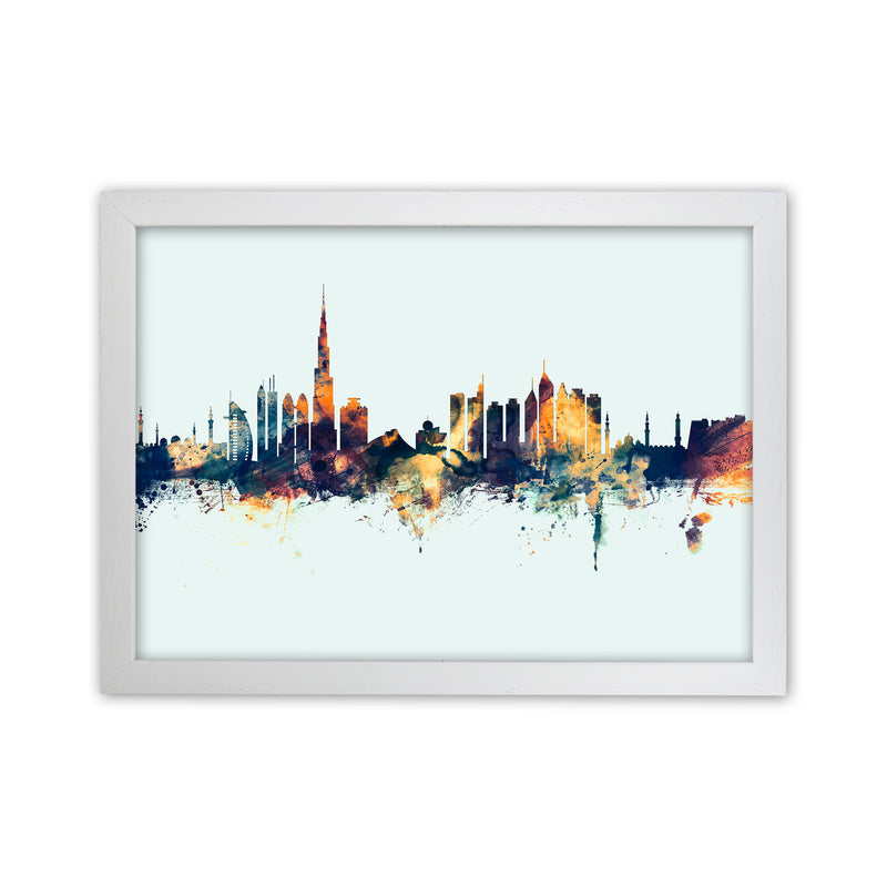 Dubai United Arab Emirates Skyline Blue Orange Art Print by Michael Tompsett White Grain