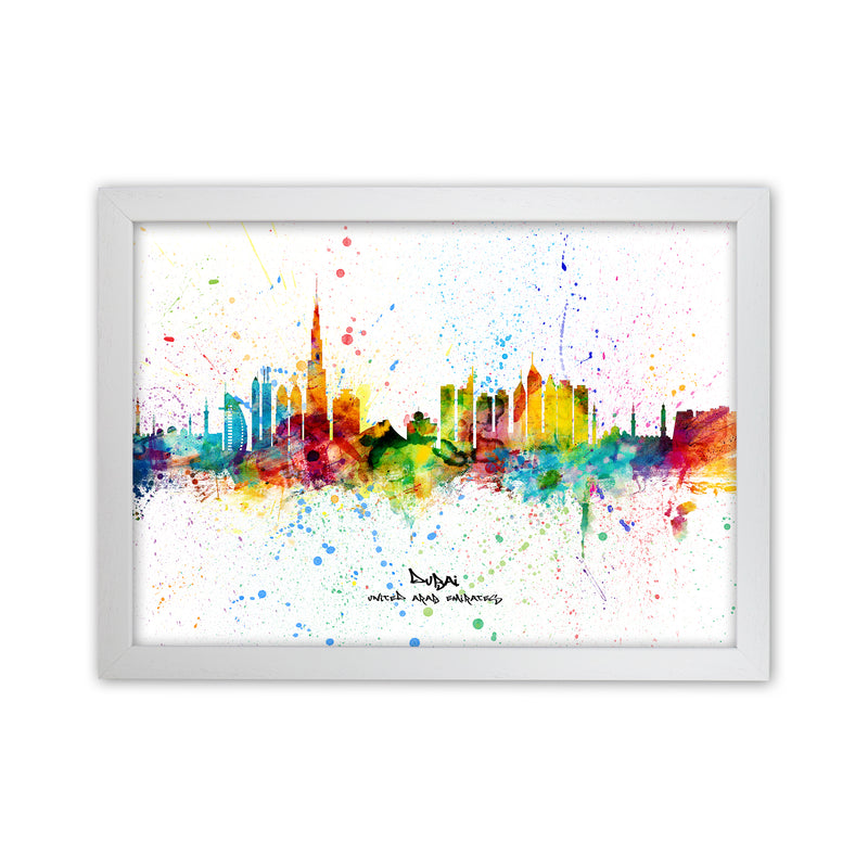 Dubai United Arab Emirates Skyline Splash Art Print by Michael Tompsett White Grain