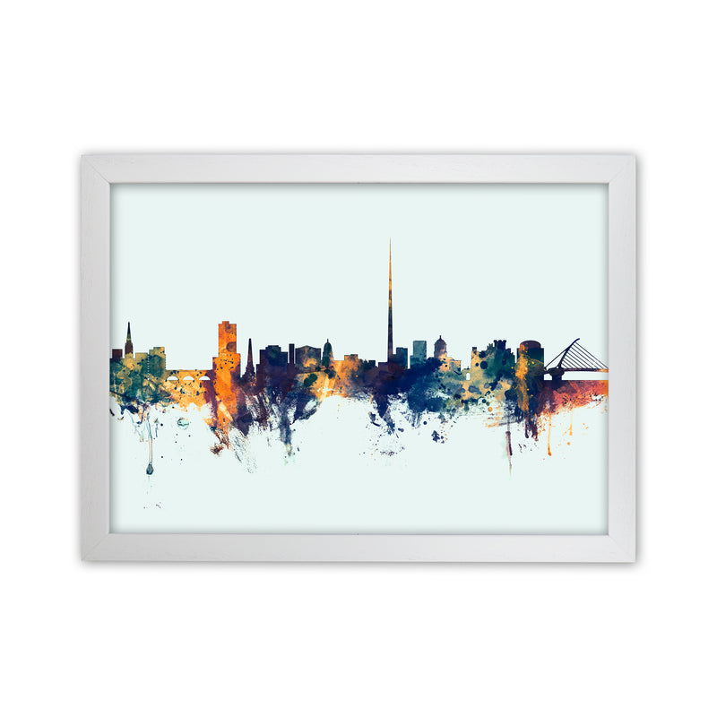 Dublin Ireland Skyline Blue Orange Art Print by Michael Tompsett White Grain
