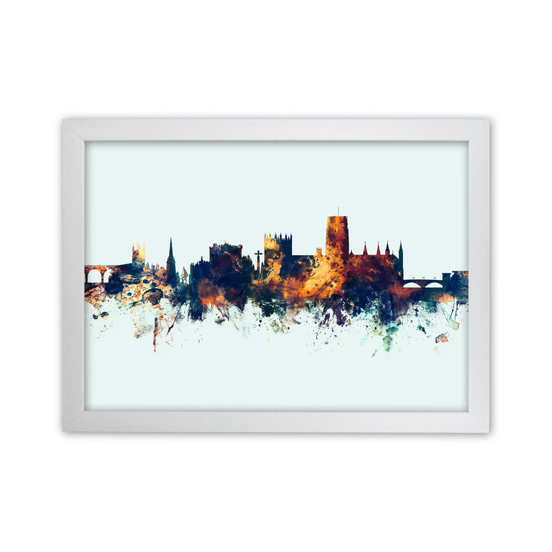 Durham England Skyline Blue Orange Art Print by Michael Tompsett White Grain