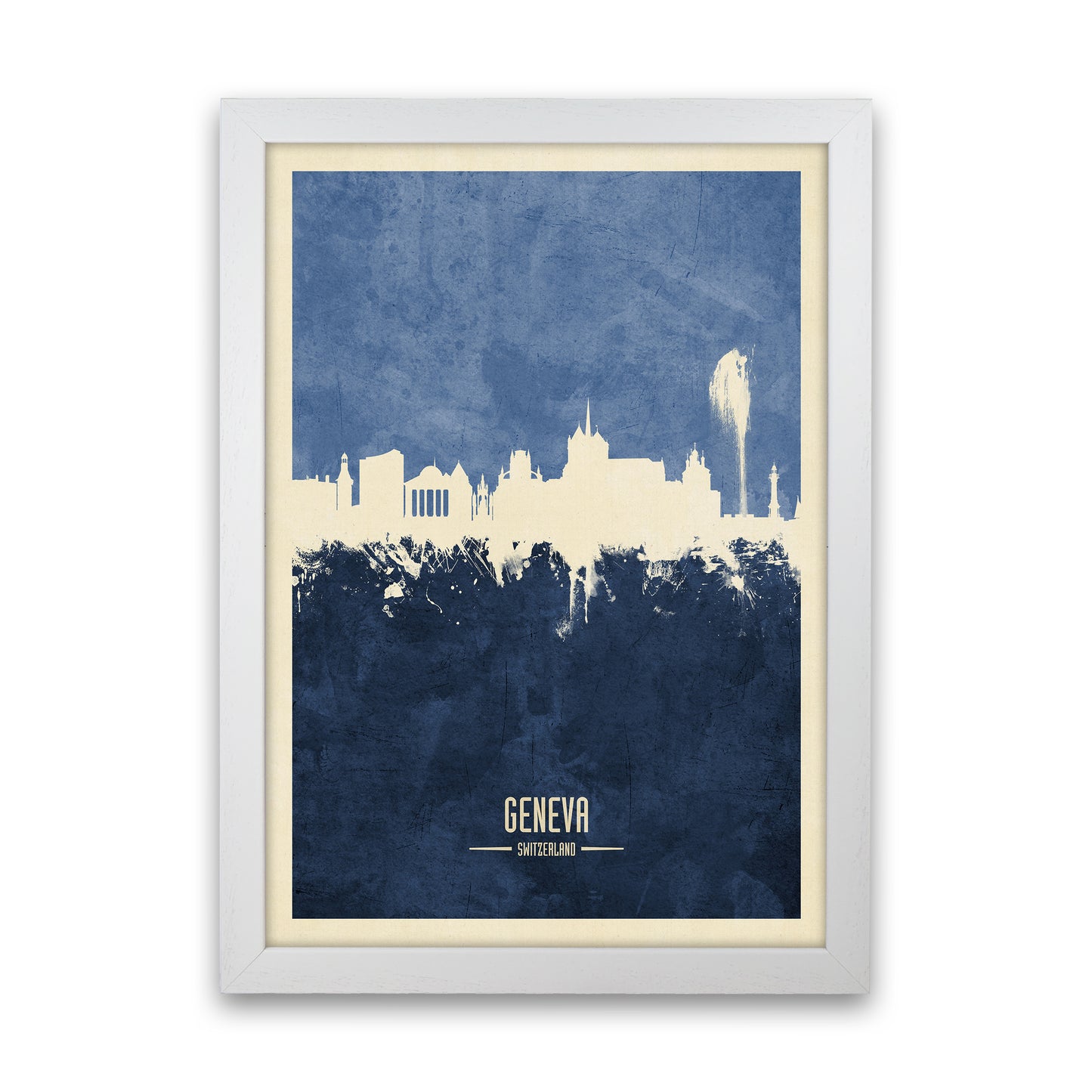 Geneva Switzerland Skyline Portrait Navy Art Print by Michael Tompsett White Grain