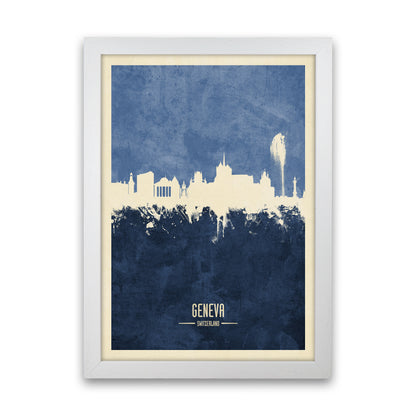 Geneva Switzerland Skyline Portrait Navy Art Print by Michael Tompsett White Grain
