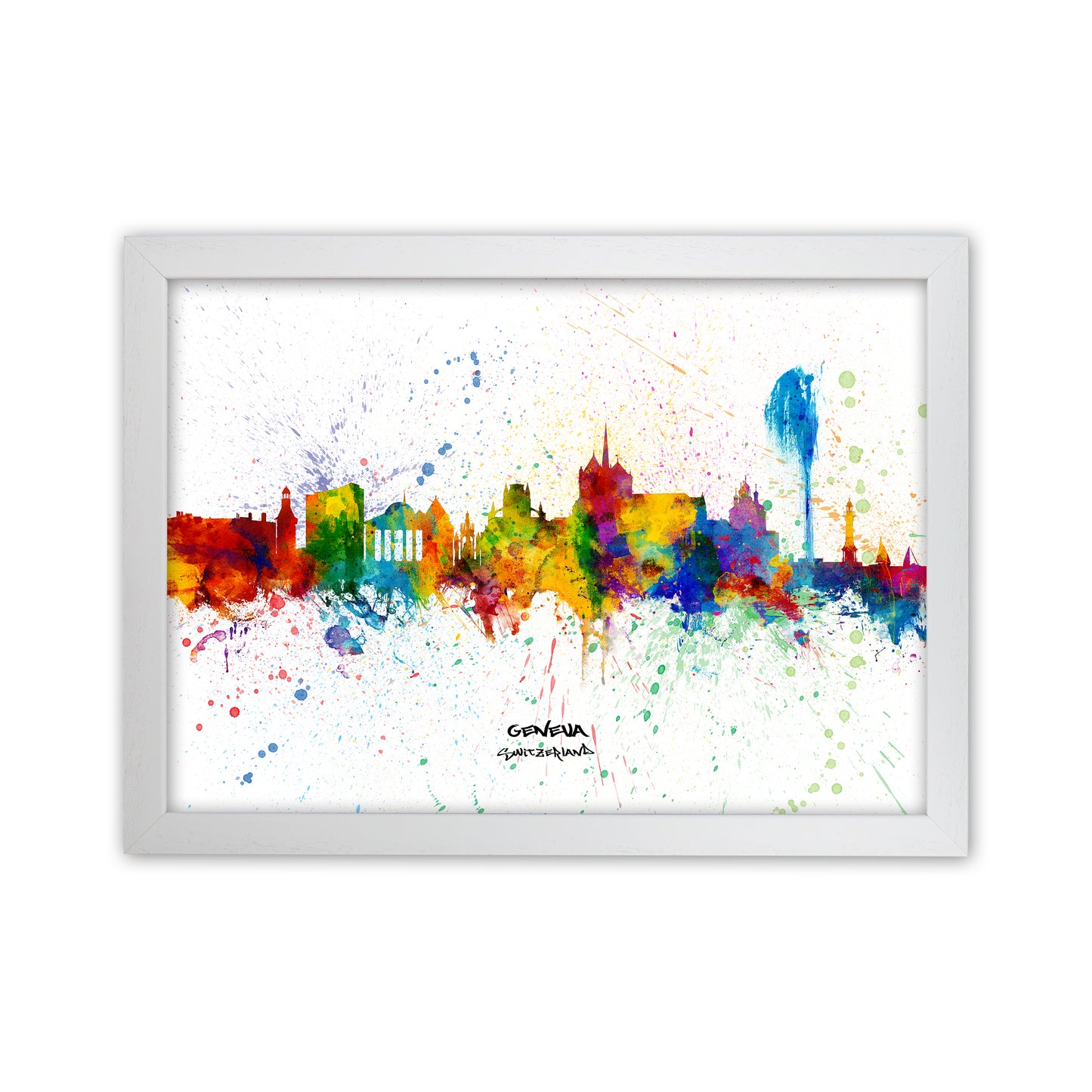 Geneva Switzerland Skyline Splash Art Print by Michael Tompsett White Grain