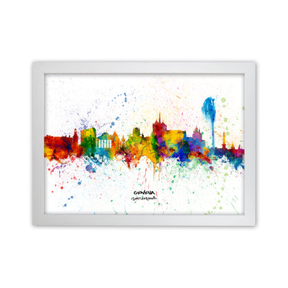 Geneva Switzerland Skyline Splash Art Print by Michael Tompsett White Grain