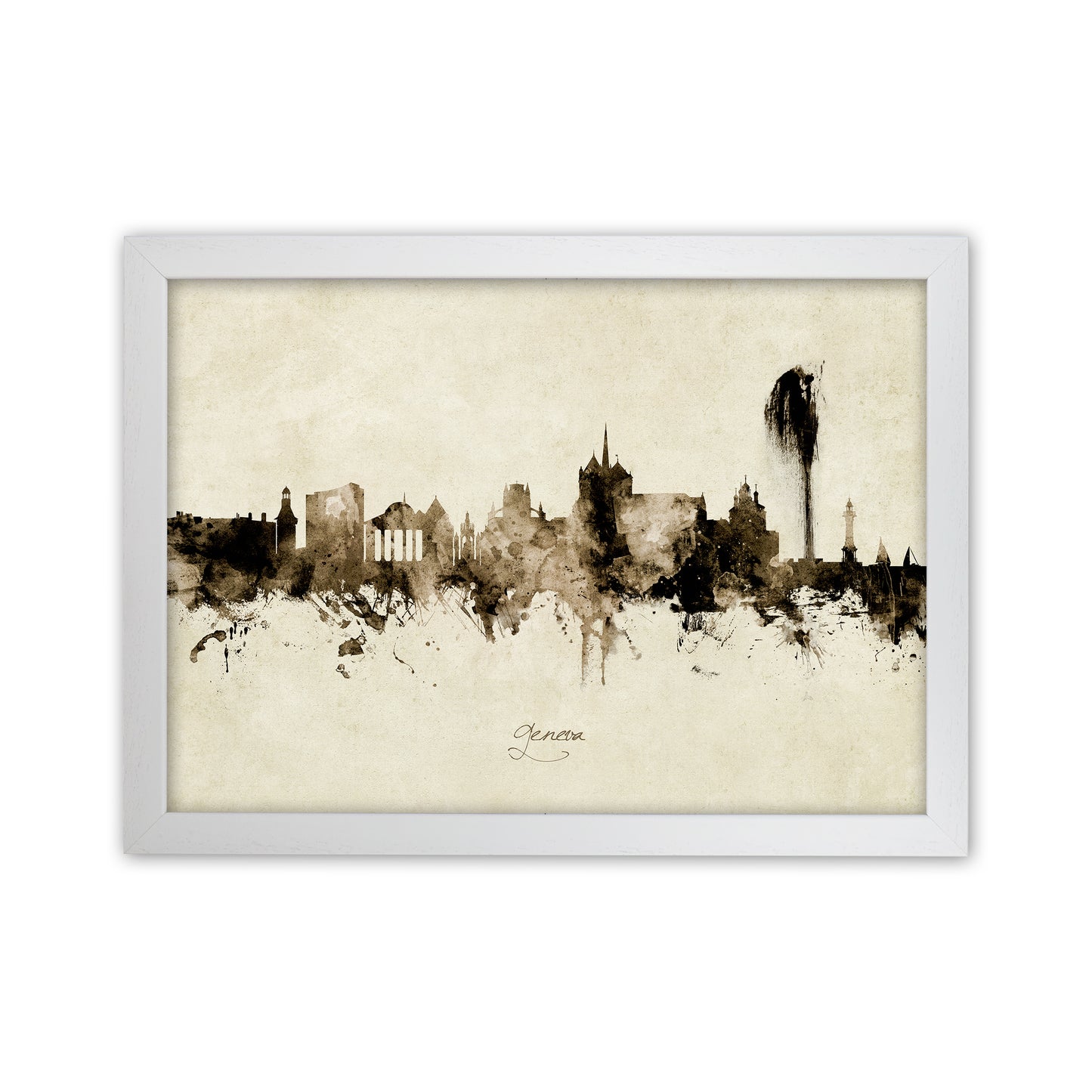 Geneva Switzerland Skyline Vintage Art Print by Michael Tompsett White Grain