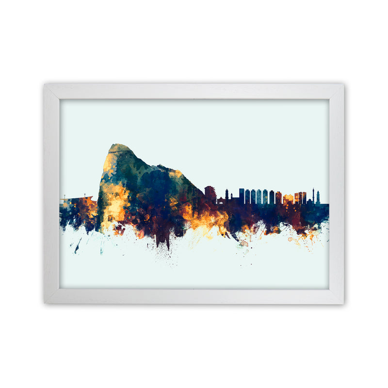 Gibraltar Skyline Blue Orange Art Print by Michael Tompsett White Grain