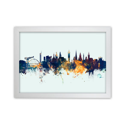 Glasgow Scotland Skyline Blue Orange Art Print by Michael Tompsett White Grain