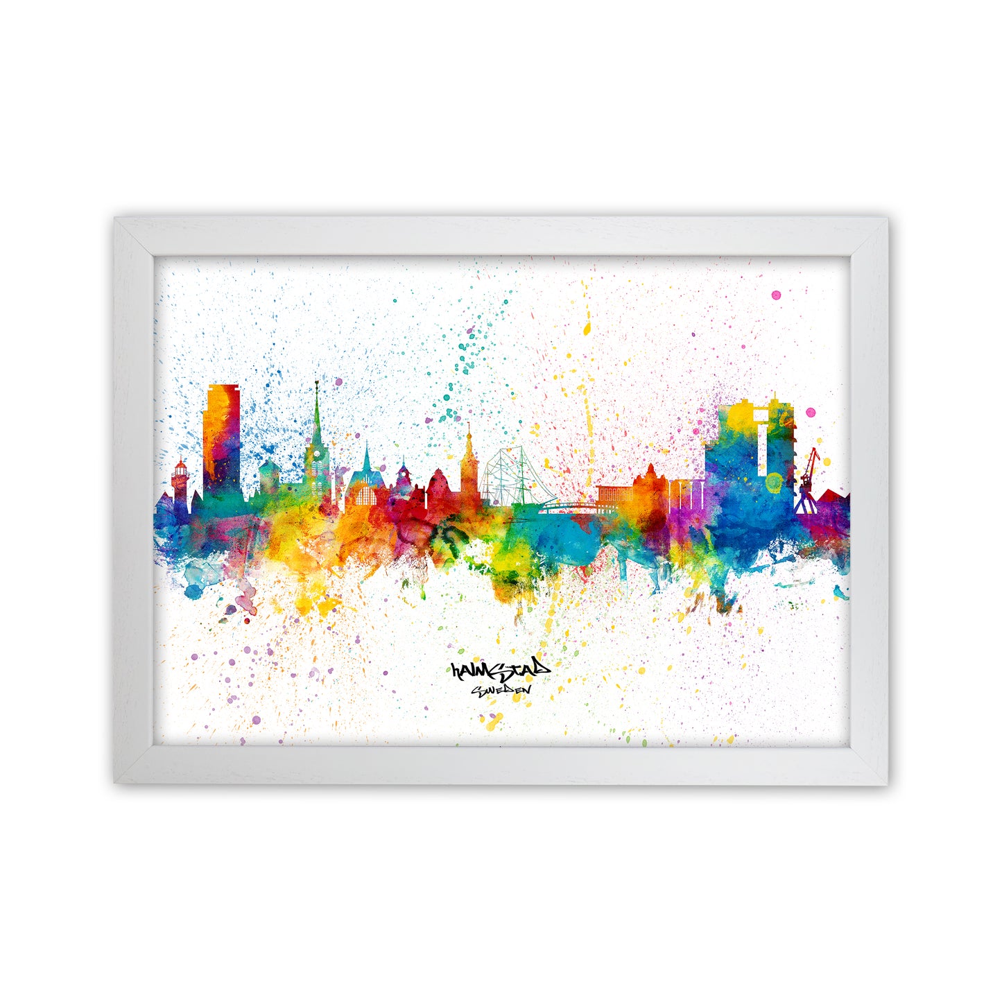 Halmstad Sweden Skyline Splash Art Print by Michael Tompsett White Grain