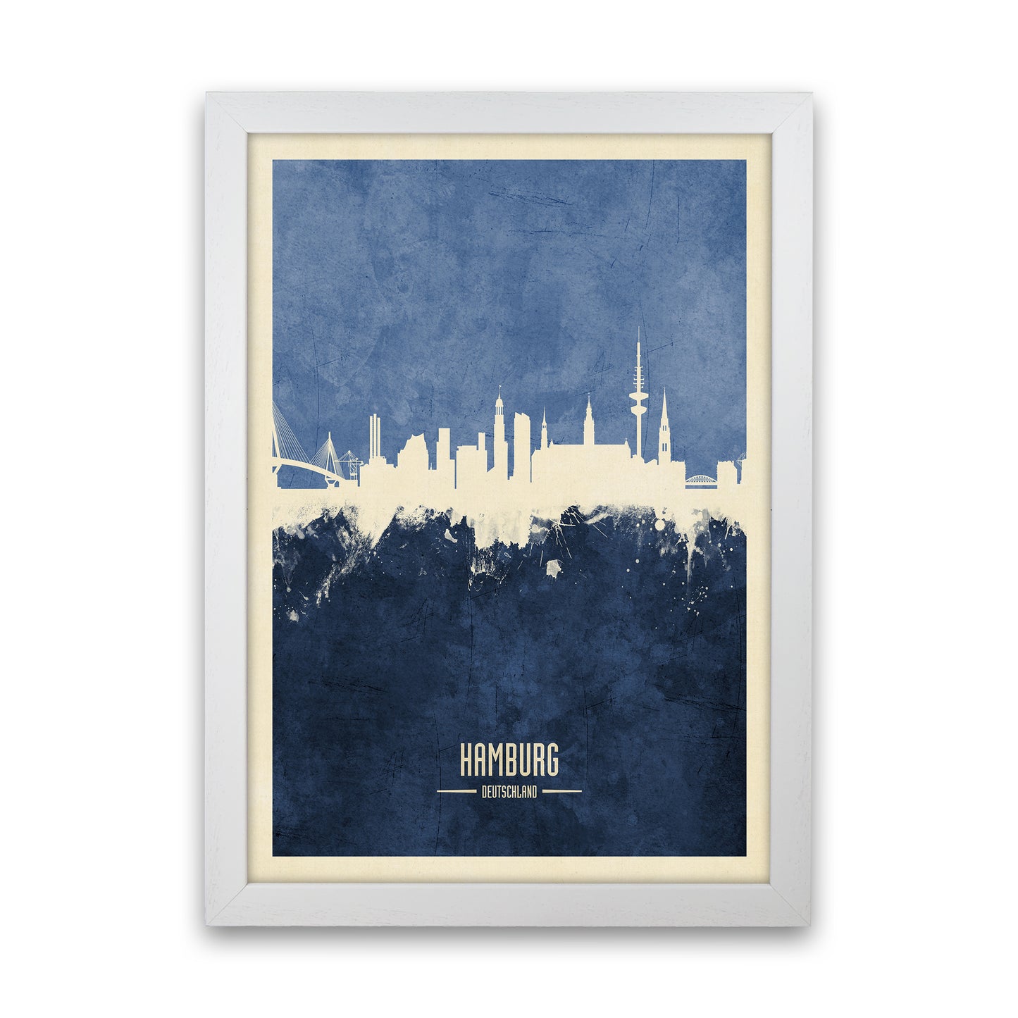 Hamburg Germany Skyline Portrait Navy Art Print by Michael Tompsett White Grain