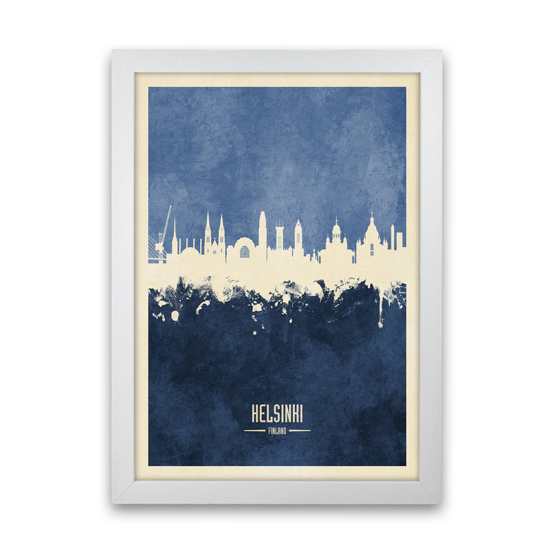 Helsinki Finland Skyline Portrait Navy Art Print by Michael Tompsett White Grain