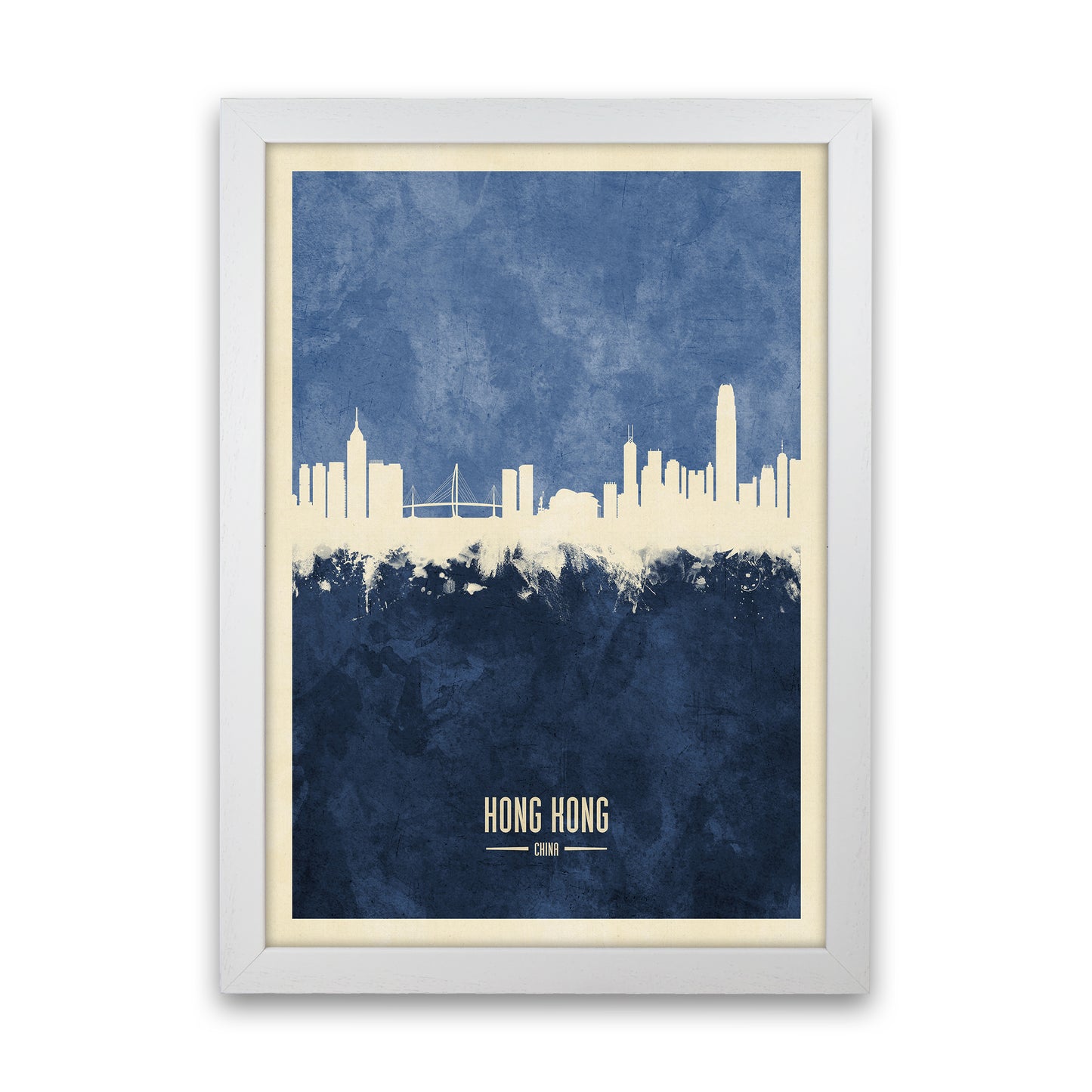 Hong Kong China Skyline Portrait Navy Art Print by Michael Tompsett White Grain