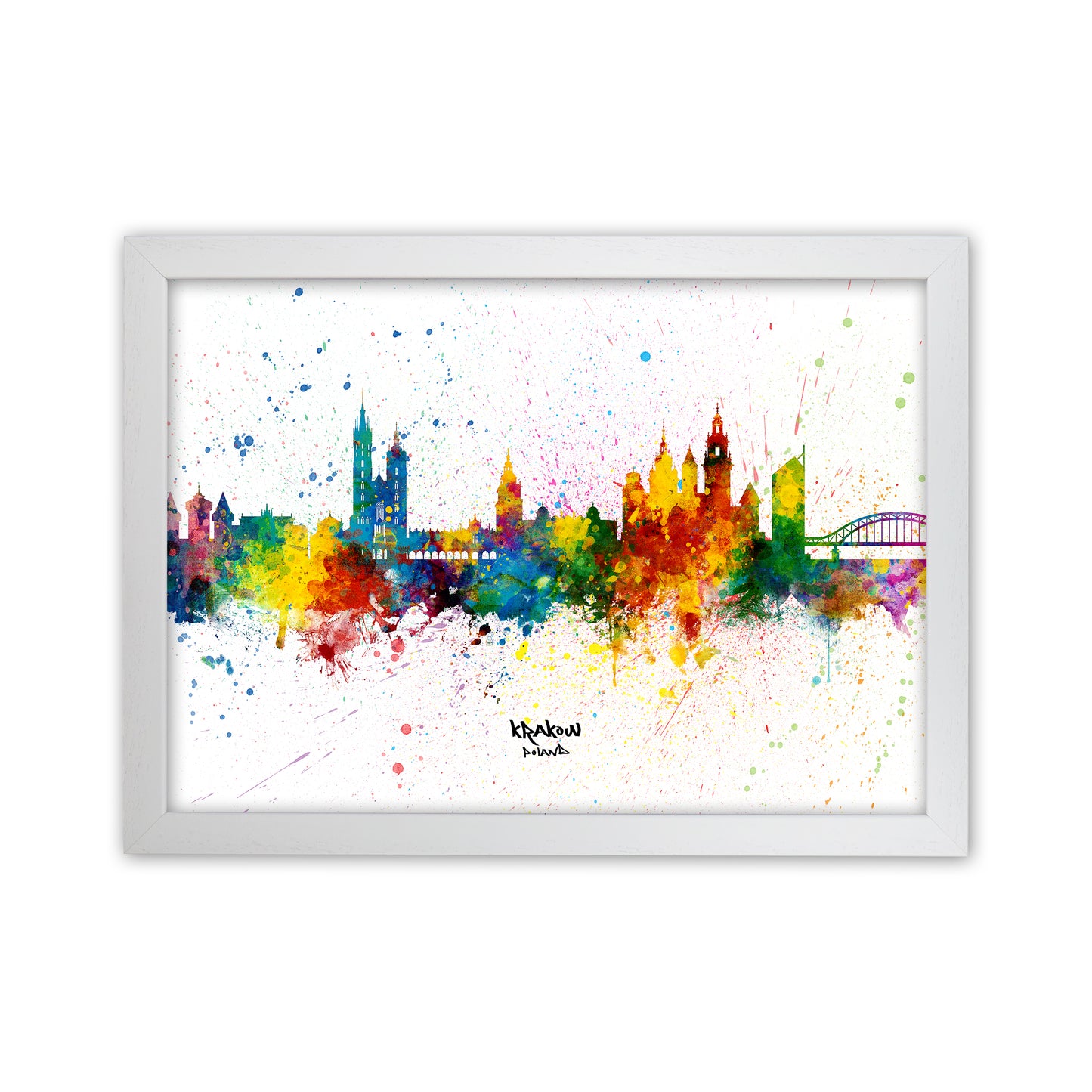 Krakow Poland Skyline Splash Art Print by Michael Tompsett White Grain