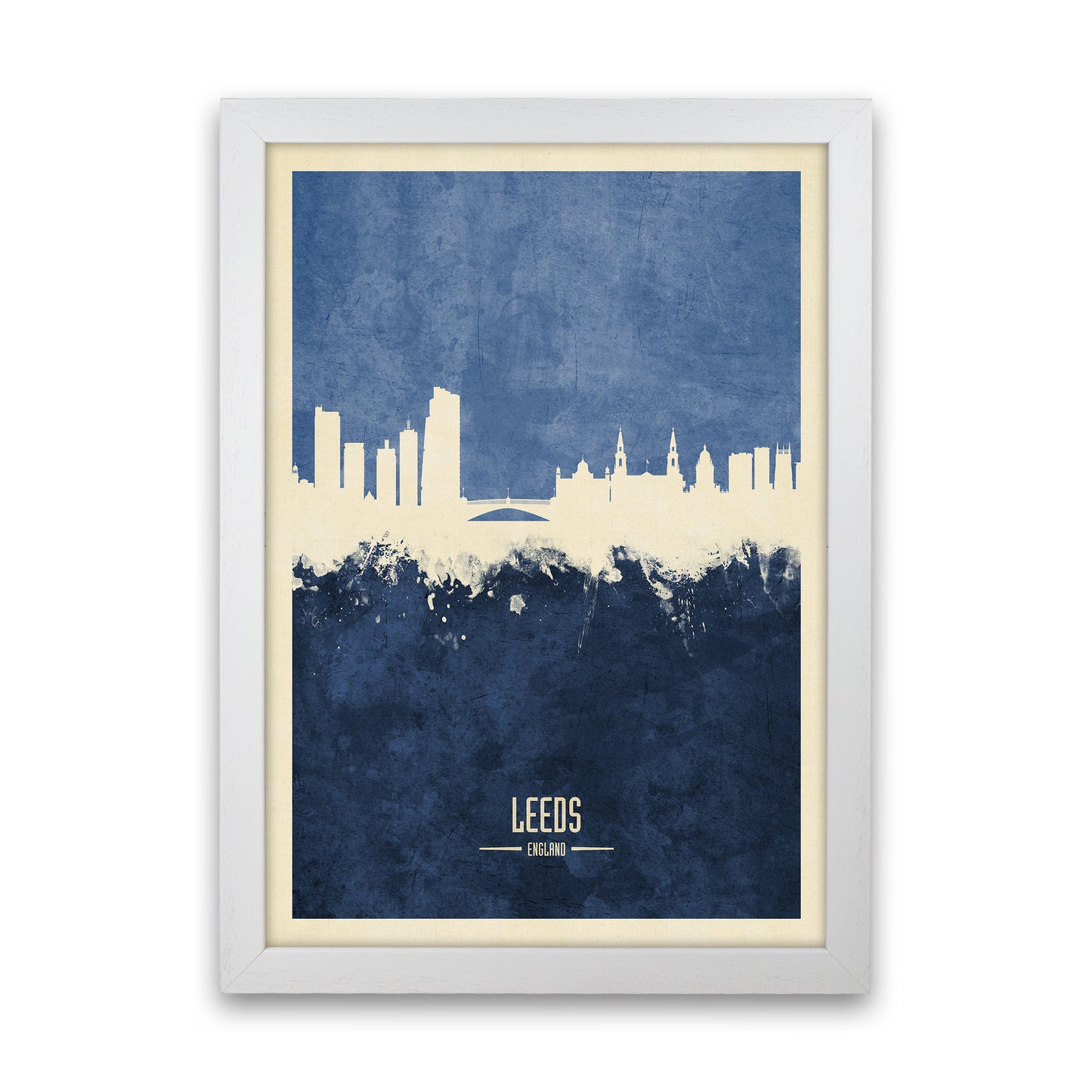 Leeds England Skyline Portrait Navy Art Print by Michael Tompsett White Grain