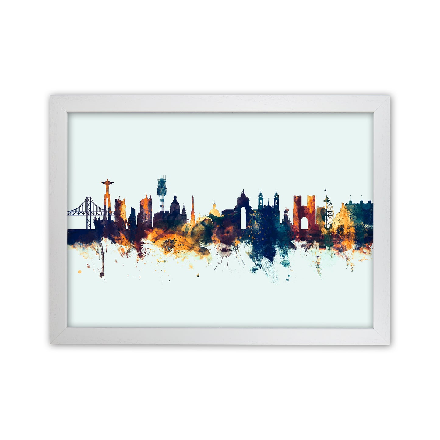 Lisbon Portugal Skyline Blue Orange Art Print by Michael Tompsett White Grain