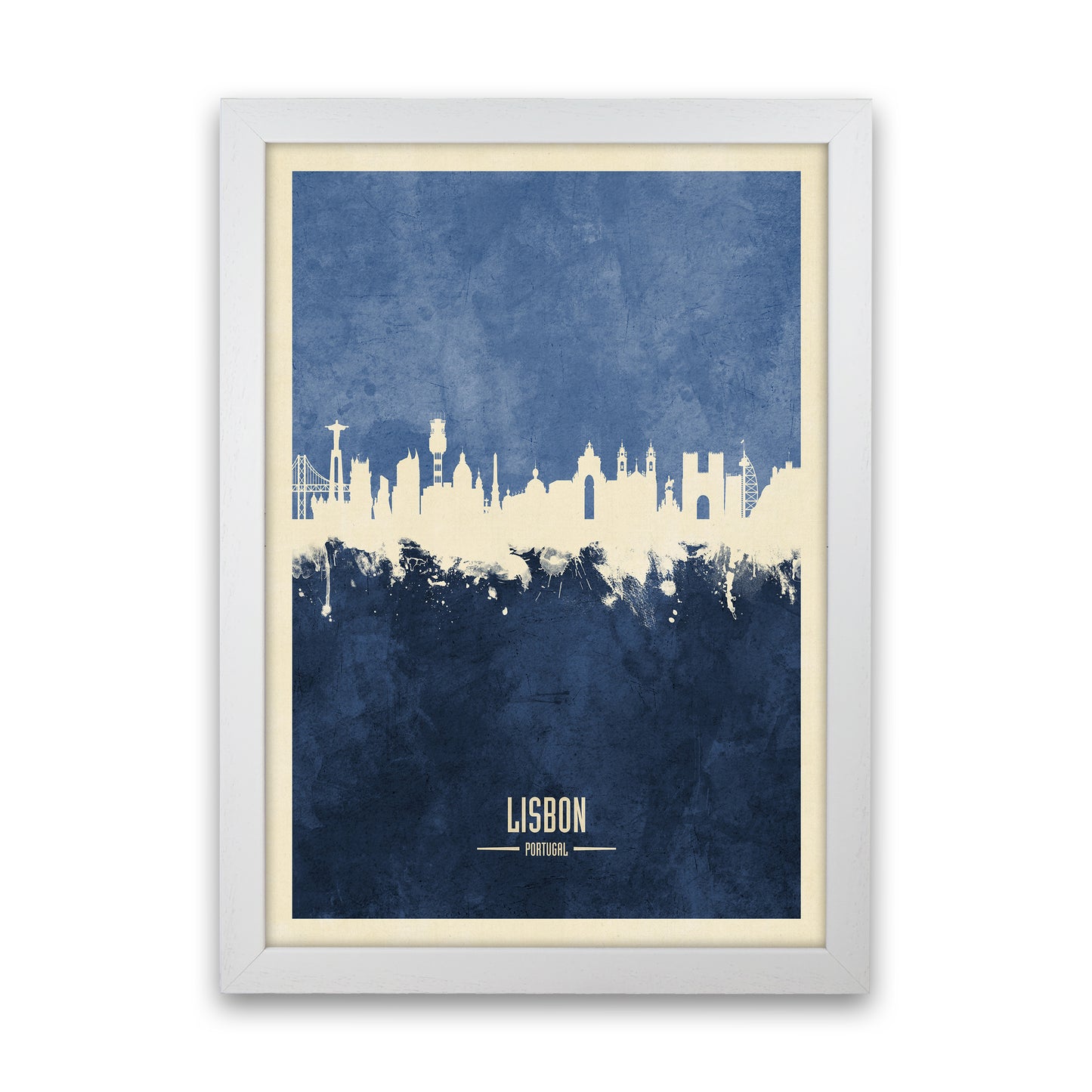 Lisbon Portugal Skyline Portrait Navy Art Print by Michael Tompsett White Grain