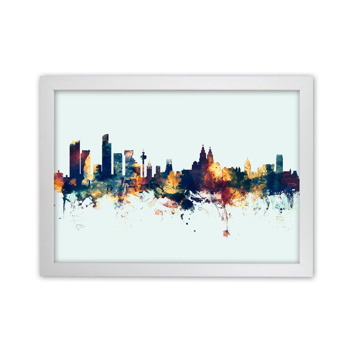 Liverpool England Skyline Blue Orange Art Print by Michael Tompsett White Grain