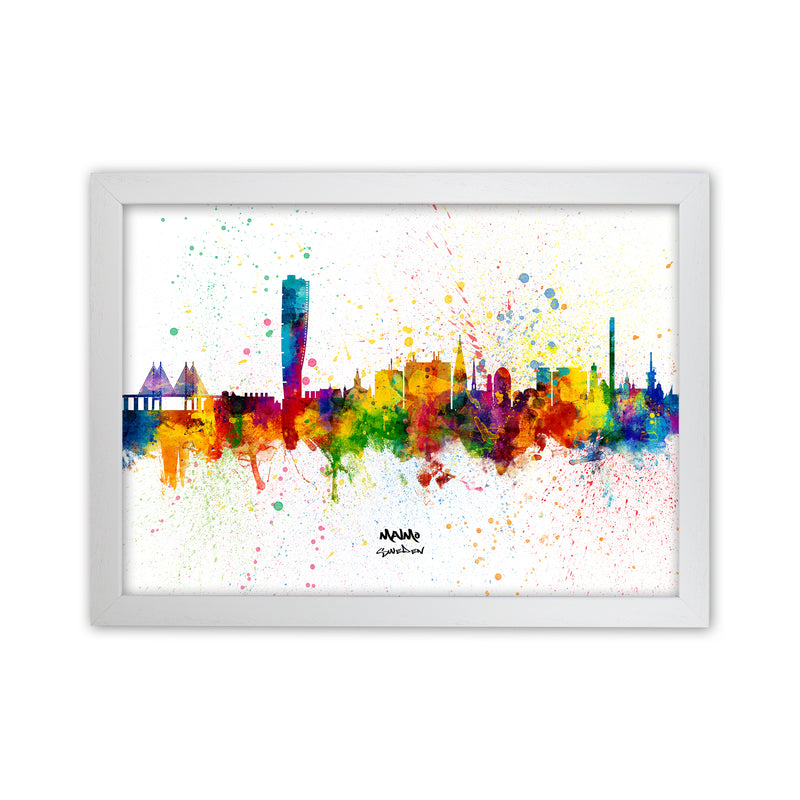 Malmo Sweden Skyline Splash Art Print by Michael Tompsett White Grain