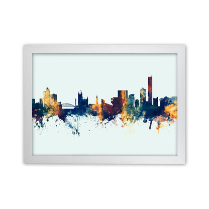 Manchester England Skyline Blue Orange Art Print by Michael Tompsett White Grain
