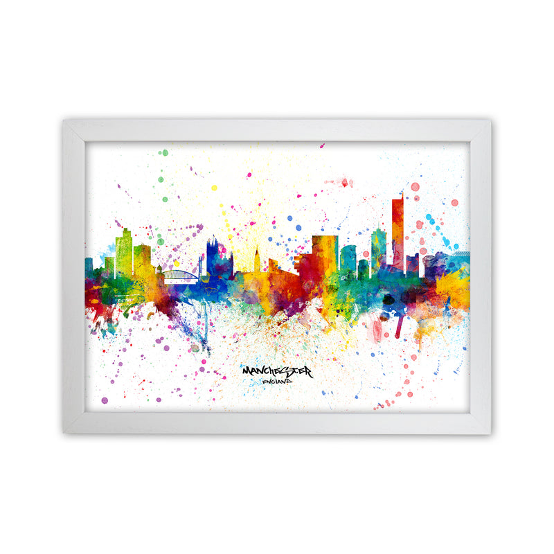 Manchester England Skyline Splash Art Print by Michael Tompsett White Grain